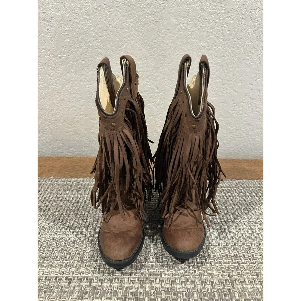 Old West Kids Girls Toddler Fringed Cowboy Boots Brown Leather Size 10